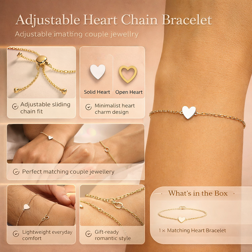 Couples Adjustable Heart Chain Bracelet Matching Jewelry Gift