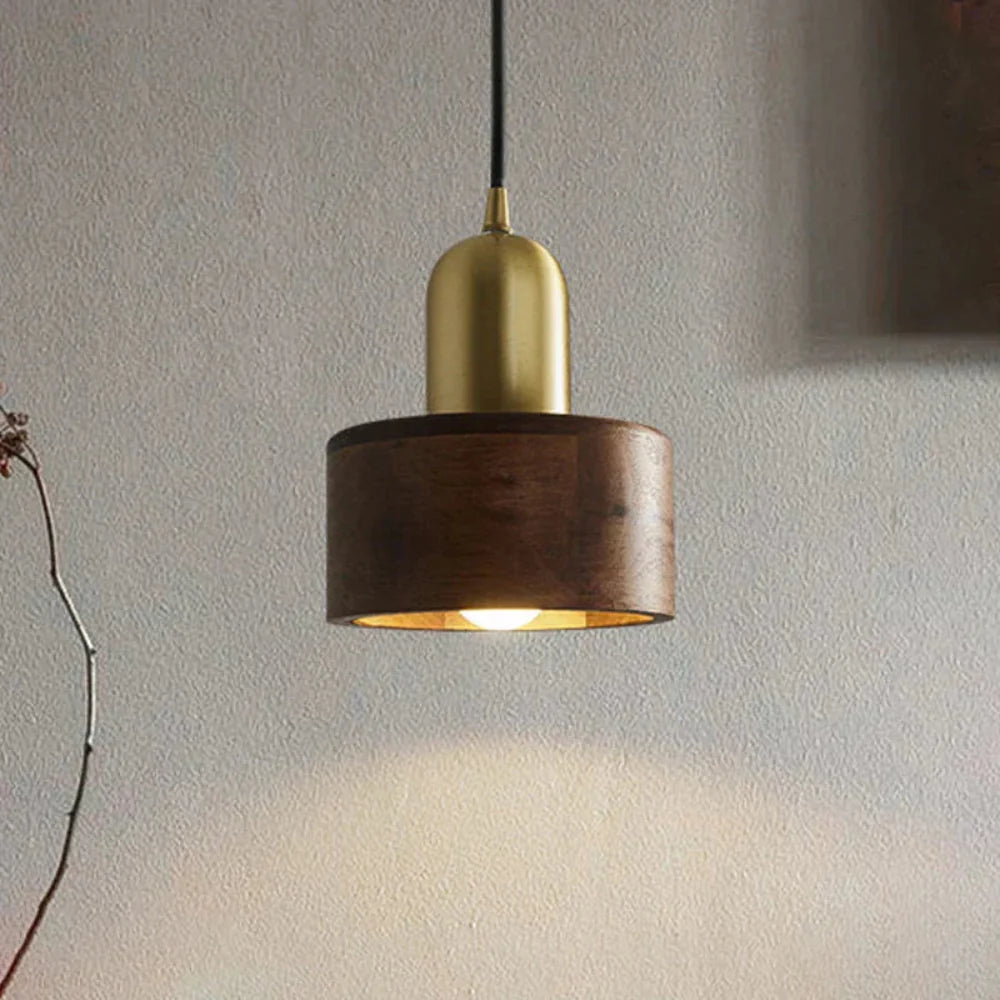 Modern Pendant Light Wooden Copper Accents