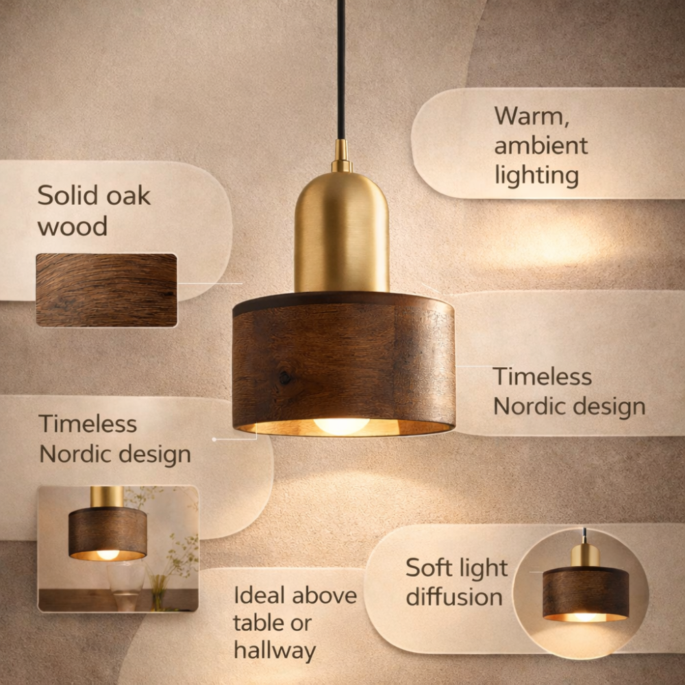 Modern Pendant Light Wooden Copper Accents