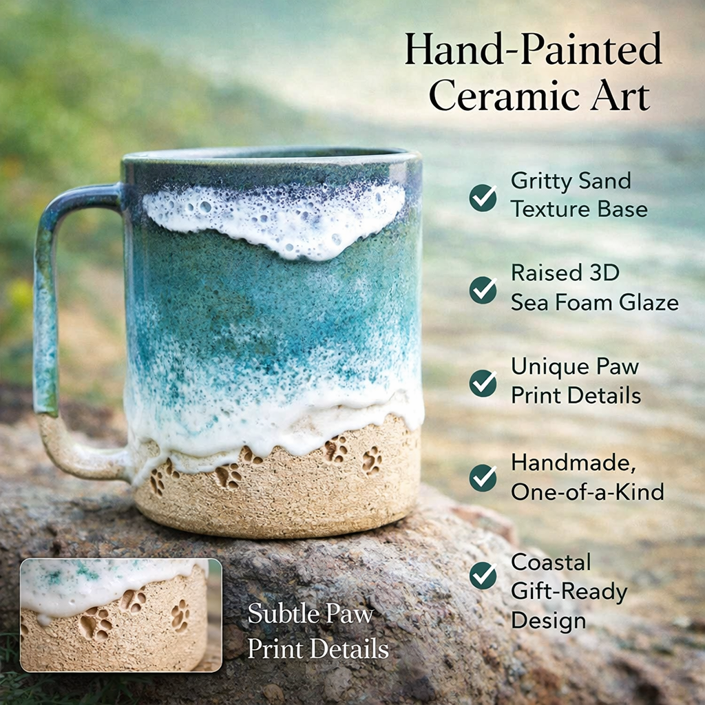 Paw Print Ceramic Mug Ocean Shoreline Beach Kitchen Gift